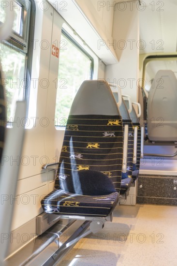 Single modern train seat with a view of the landscape, battery Electric train with green electricity, Siemens Mireo Plus B, Freudenstadt, Germany