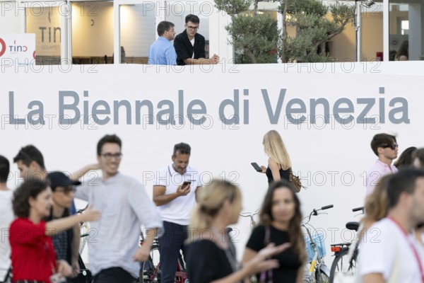 Venice, Italy - 1 September 2025: La Biennale di Venezia - Logo in front of the Palazzo del Cinema during the red carpet of - The Smashing Machine - during the 82nd Venice International Film Festival