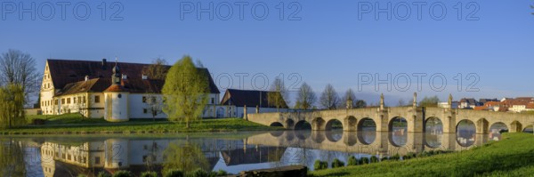 Morning atmosphere, fog at Fischhof, with historic Fischhof bridge, Tirschenreuth, Upper Palatinate, Bavaria, Germany