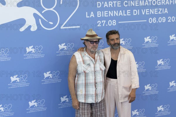 Venice, Italy - 3 September 2025: Julian Schnabel and Oscar Isaac during the Photo Call of - In the Hand of Dante - during the 82nd Venice International Film Festival