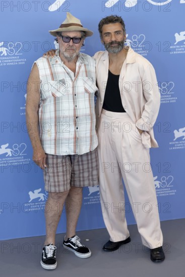 Venice, Italy - 3 September 2025: Julian Schnabel and Oscar Isaac during the Photo Call of - In the Hand of Dante - during the 82nd Venice International Film Festival