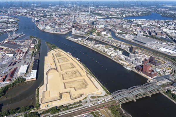 Kleiner Grasbrook, HHLA, Hamburg's leap across the Elbe, Europe, Germany, Hamburg, residential construction, aerial view, aerial photograph, Freeport Elbe Quarter, Harbour Gate Quarter, Überseezentrum, harbour, Hafencity, Elbe, residential densification, Prager Ufer, Moldauhafen