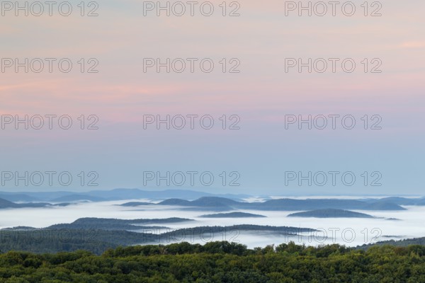 View over the Palatinate Forest, mixed forest, dawn, fog, Luipoldsturm, Hermansbergdorf, Pfläzerwald, Rhineland-Palatinate, Germany
