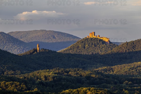 View of Trifels Castle and Anebos Castle, mixed forest, Annweiler, Pfläzerwald, Rhineland-Palatinate, Germany
