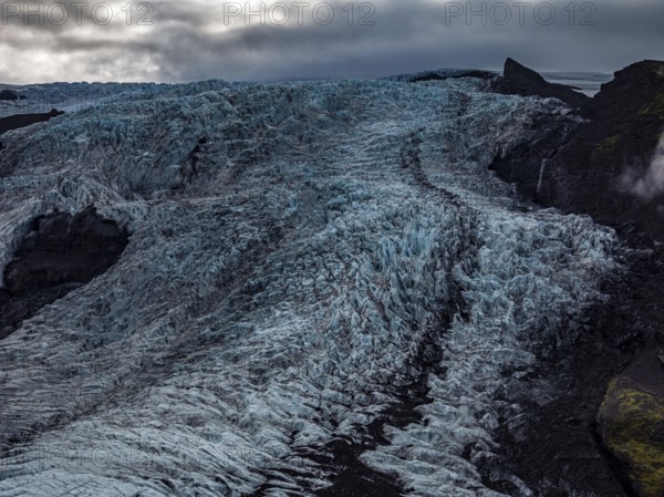 Glacier, glacier tongue, mountains, cloudy, summer, aerial view, Fjalljökull, Skaftafell, Iceland