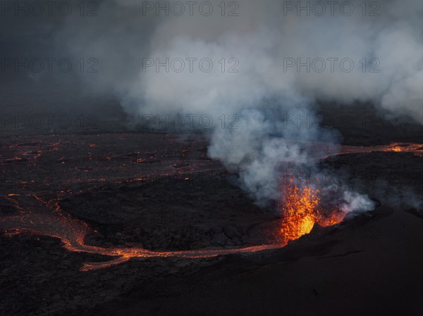 Lava, volcanic eruption, volcano, ash cloud, aerial view, Sundhnúkur crater chain, July 2025, Reykjanes Peninsula, Iceland