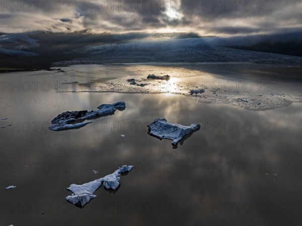 Icebergs, ice floes, glacial lake, glacier, summer, evening mood, aerial view, Fjallsjökull, Vatnajökull National Park, Iceland