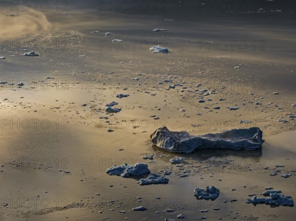 Icebergs, ice floes, glacial lake, summer, evening mood, aerial view, Fjallsjökull, Vatnajökull National Park, Iceland