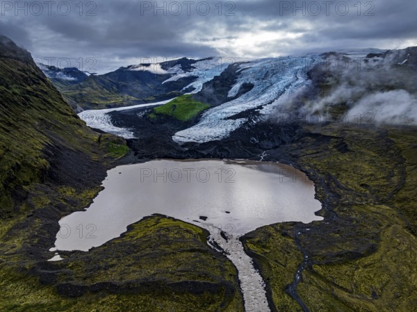 Glacier, glacier tongue, lake, mountains, cloudy, summer, aerial view, Fjalljökull, Skaftafell, Iceland