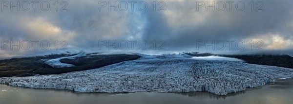 Glacier, glacier tongue, summer, panorama, evening mood, clouds, aerial view, Fjallsjökull, Vatnajökull National Park, Iceland