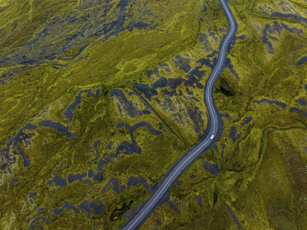 Road, curvy, car, cloudy, rainy, summer, aerial view, South Iceland, Iceland