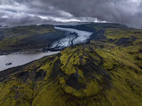 Glacier, glacier tongue, lake, mountains, cloudy, rainy, summer, aerial view, Myrdalsjökull, Iceland
