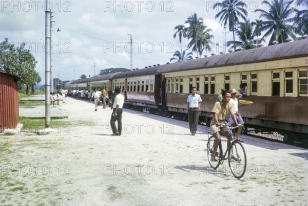 Train at platform Malaysian railways, Tapah Road railway station, Perak, Malaya, Malaysia, south east Asia 1965
