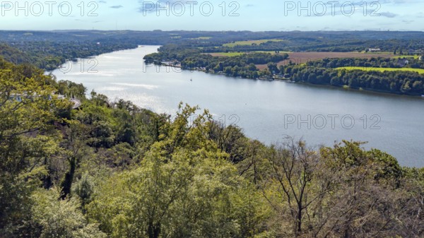 Bird's eye view of Lake Baldeney and Schellenberger Wald mixed forest in front, Essen, North Rhine-Westphalia, Germany