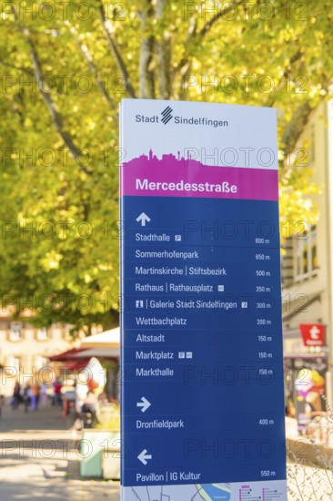Urban signpost with various destinations, surrounded by trees under a sunny sky, Sindelfingen, Böblingen district, Germany