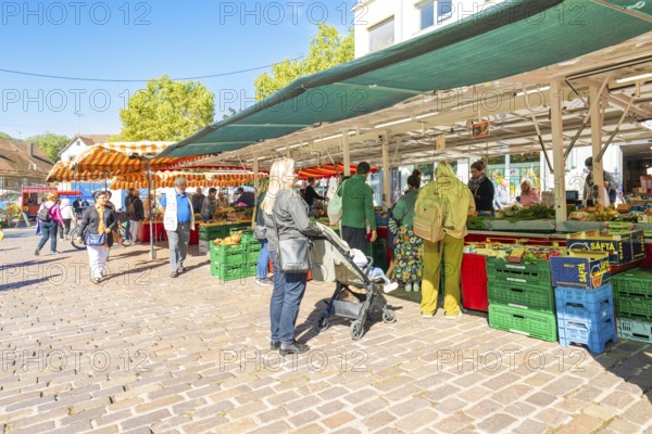 People stroll between market stalls with boxes full of goods under colourful umbrellas, Sindelfingen, Böblingen district, Germany
