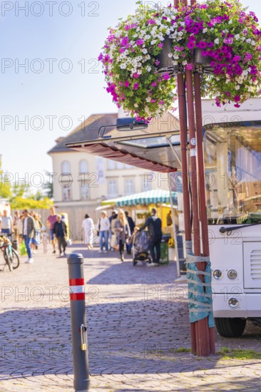 A hanging basket adorns the entrance to a city market full of relaxed people, Sindelfingen, Böblingen district, Germany