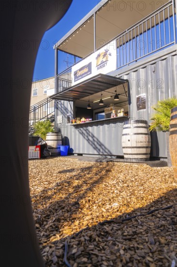 A sunny snack stand made from a container with barrels on a wooden chipboard floor, open air cinema Sindelfingen, district of böblingen, Germany
