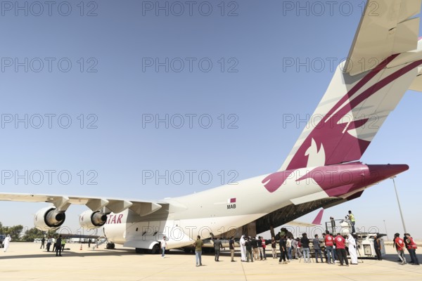 A Qatari plane carrying humanitarian and medical aid arrives at Damascus International Airport as part of Qatar's air and land relief bridge to support the Syrian people during the recovery phase, Damascus, Damascus, Syria