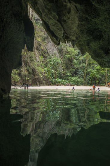 Sandy beach beach with cave in the rainforest, Emerald Cave, Koh Mook, Trang Province, Southern Thailand, Andaman Sea, Thailand
