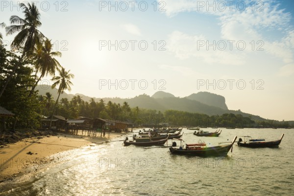 Fishing huts on the beach, sunset, Koh Mook, Trang province, southern Thailand, Andaman Sea, Thailand