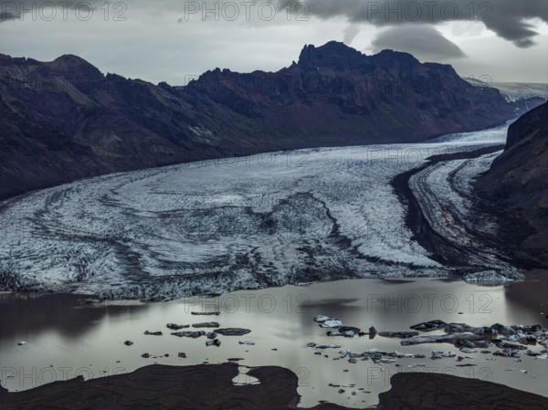 Glacier, glacier tongue, glacier lake, mountains, cloudy, aerial view, panorama, summer, Skaftafellsjökull, Skaftafell, Iceland