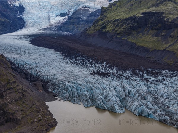 Glacier, glacier tongue, glacier lake, mountains, cloudy, aerial view, summer, Svinafellsjökull, Skaftafell, Iceland