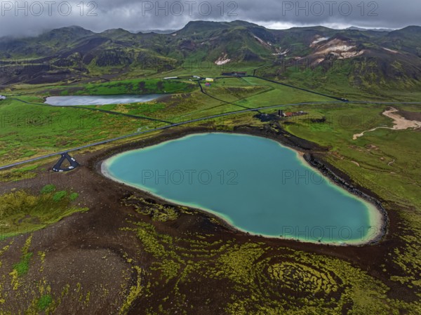 Lake, crater lake, mountains, cloudy, turquoise, volcanic landscape, hot springs, aerial view, summer, Graenavatn, Krysuvik, Reykjanes, Iceland