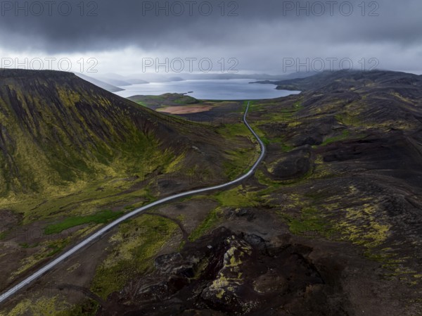 Road, curves, lonely, lake, mountains, volcanic landscape, clouds, aerial view, summer, Kleifarvatn, Reykjanes Peninsula, Iceland