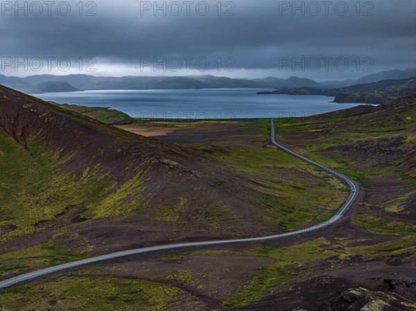 Road, mountains, lake, clouds, mountain road, curves, aerial view, summer, Reykjanes Peninsula, Iceland