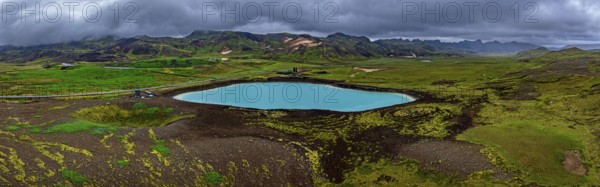 Lake, crater lake, mountains, cloudy, turquoise, volcanic landscape, hot springs, panorama, aerial view, summer, Graenavatn, Krysuvik, Reykjanes, Iceland