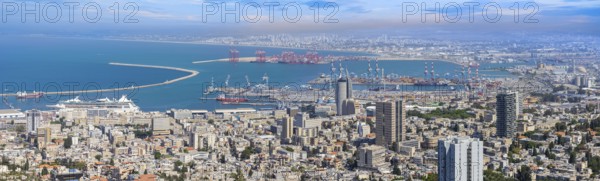 Israel, panoramic skyline view of Haifa downtown, port and historic center
