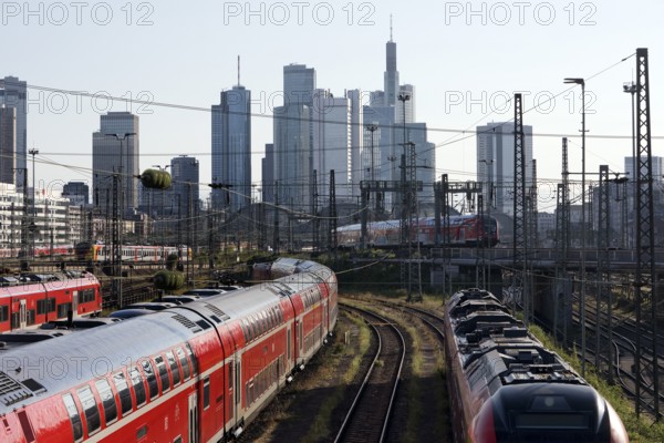 Elevated city view with many trains, railway station and skyscrapers, Frankfurt am Main, Hesse, Germany