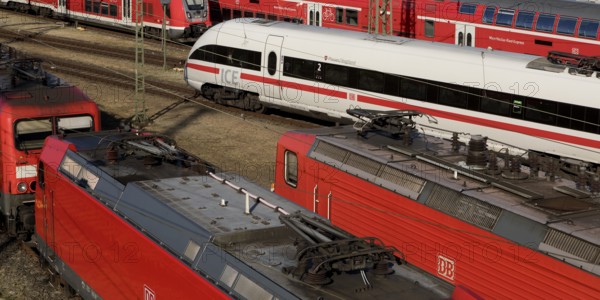 Elevated view of several local trains and an ICE train, Frankfurt am Main, Hesse, Germany