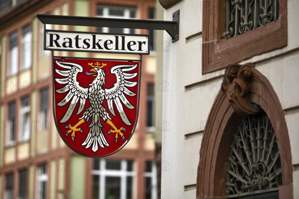 Traditional Ratskeller nose shield with the coat of arms of the city of Frankfurt am Main, Hesse, Germany