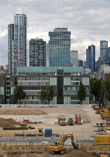 View from a roof at the Galluswarte on the construction site on the old FAZ area and the skyscrapers of Frankfurt am Main, Hesse, Germany