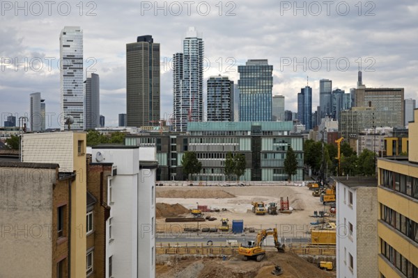 View from a roof at the Galluswarte on the construction site on the old FAZ area and the skyscrapers of Frankfurt am Main, Hesse, Germany