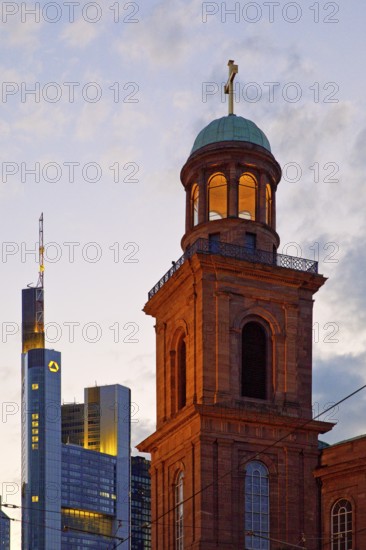 Tower of St Paul's Church and tower of the Commerzbank headquarters in the evening, Frankfurt am Main, Hesse, Germany