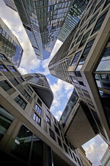 Frog's-eye view of the skyscrapers in the banking district, Four Frankfurt, Frankfurt am Main, Hesse, Germany