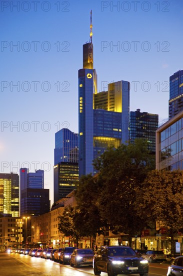 Cars on Berliner Straße and Commerzbank Tower in the evening, Frankfurt am Main, Hesse, Germany