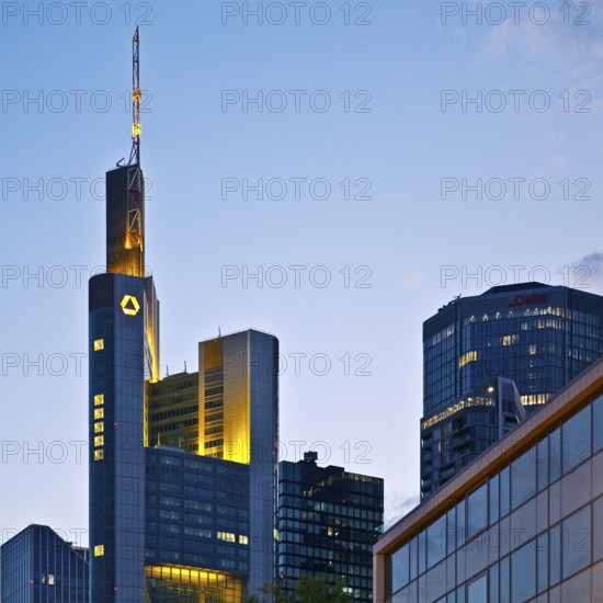 Commerzbank Tower in the evening, Frankfurt am Main, Hesse, Germany