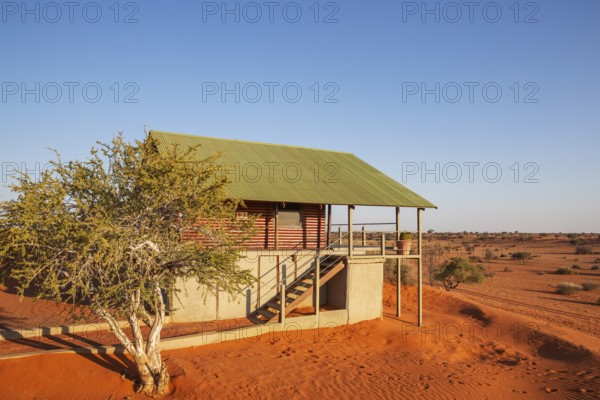 Some of the chalets of the Bagatelle Kalahari Game Ranch are built on top of a sand dune. Kalahari Desert, Namibia