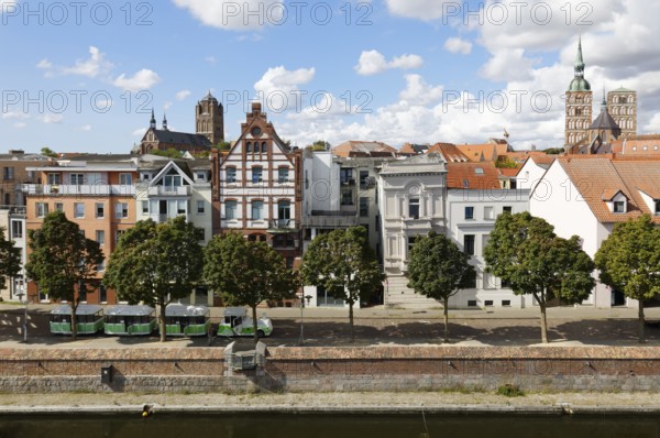 View from the Ozeaneum, below ferry canal, above row of houses, in the back left St. Mary's Church, on the right St. Nikolai Church, Am Fischmarkt, Old Town, UNESCO World Heritage Site, Hanseatic City of Stralsund, Mecklenburg-Western Pomerania, Germany
