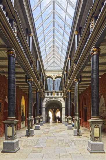 North-south passageway with columns and arcade gallery, two storeys, town hall, construction started around 1300, secular building, brick Gothic, Alter Markt, Old Town, UNESCO World Heritage Site, Hanseatic City of Stralsund, Mecklenburg-Western Pomerania, Germany