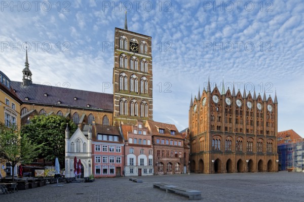 St. Nikolai Church, first mentioned in 1276, 102 metres high, front left, white, entrance Nikolaikirche, next to it town hall, on the right town hall construction started around 1300, secular building, brick Gothic, Alter Markt, Old Town, UNESCO World Heritage Site, Hanseatic City of Stralsund, Mecklenburg-Western Pomerania, Germany