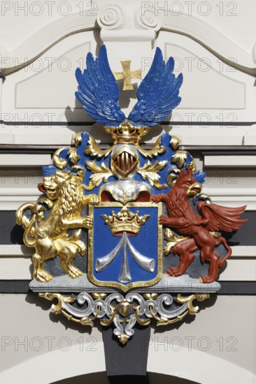 Coat of arms of Swedish Pomerania on the town hall, Alter Markt Old Town, UNESCO World Heritage Site, Hanseatic City of Stralsund, Mecklenburg-Western Pomerania, Germany