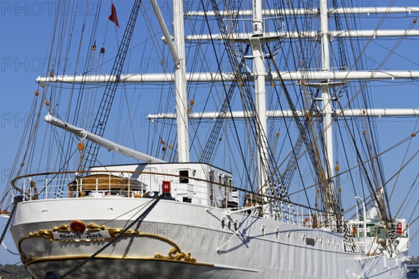 Gorch Fock, also Gorch Fock I, built in 1933 by Blohm & Voss for the Reichsmarine, named after the author Gorch Fock, barque, three-master, sail training ship, today museum ship, An der Fährbrücke, harbour island, old town, Hanseatic city of Stralsund, Mecklenburg-Western Pomerania, Germany