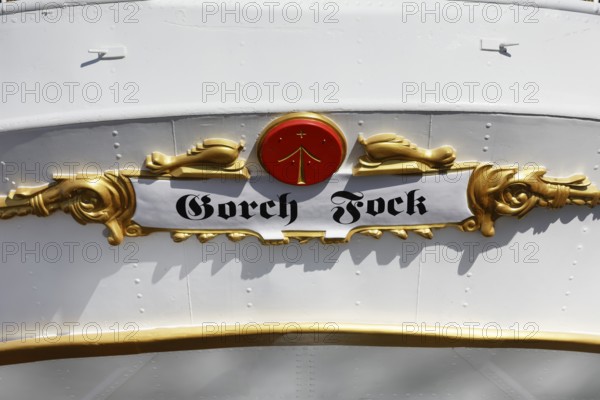 Ship name at the stern, Gorch Fock, also Gorch Fock I, built in 1933 by Blohm & Voss for the Reichsmarine, named after the writer Gorch Fock, barque, three-master, sail training ship, today museum ship, An der Fährbrücke, harbour island, old town, Hanseatic city of Stralsund, Mecklenburg-Western Pomerania, Germany