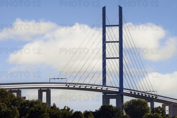 Rügen bridge, sunny white clouds, Rügen dam, connects the island of Rügen with the Hanseatic city of Stralsund, Mecklenburg-Western Pomerania, Germany
