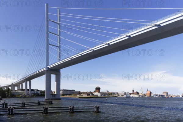 Rügen Bridge, behind Old Town Stralsund, blue sky, sea, Baltic Sea, Rügen Dam, connects the island of Rügen with the Hanseatic city of Stralsund, Mecklenburg-Western Pomerania, Germany